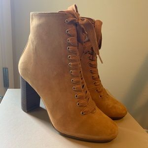 Sezane Alicia Cognac Tan Lace Up Almond Toe Suede Booties NEW